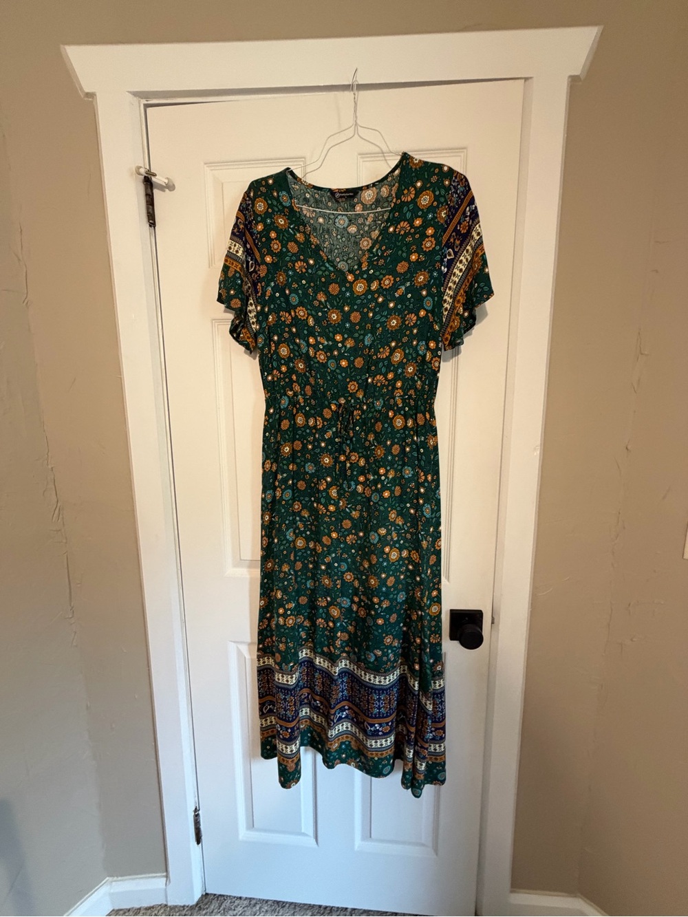 Green Floral Maxi Dress with Boho Border